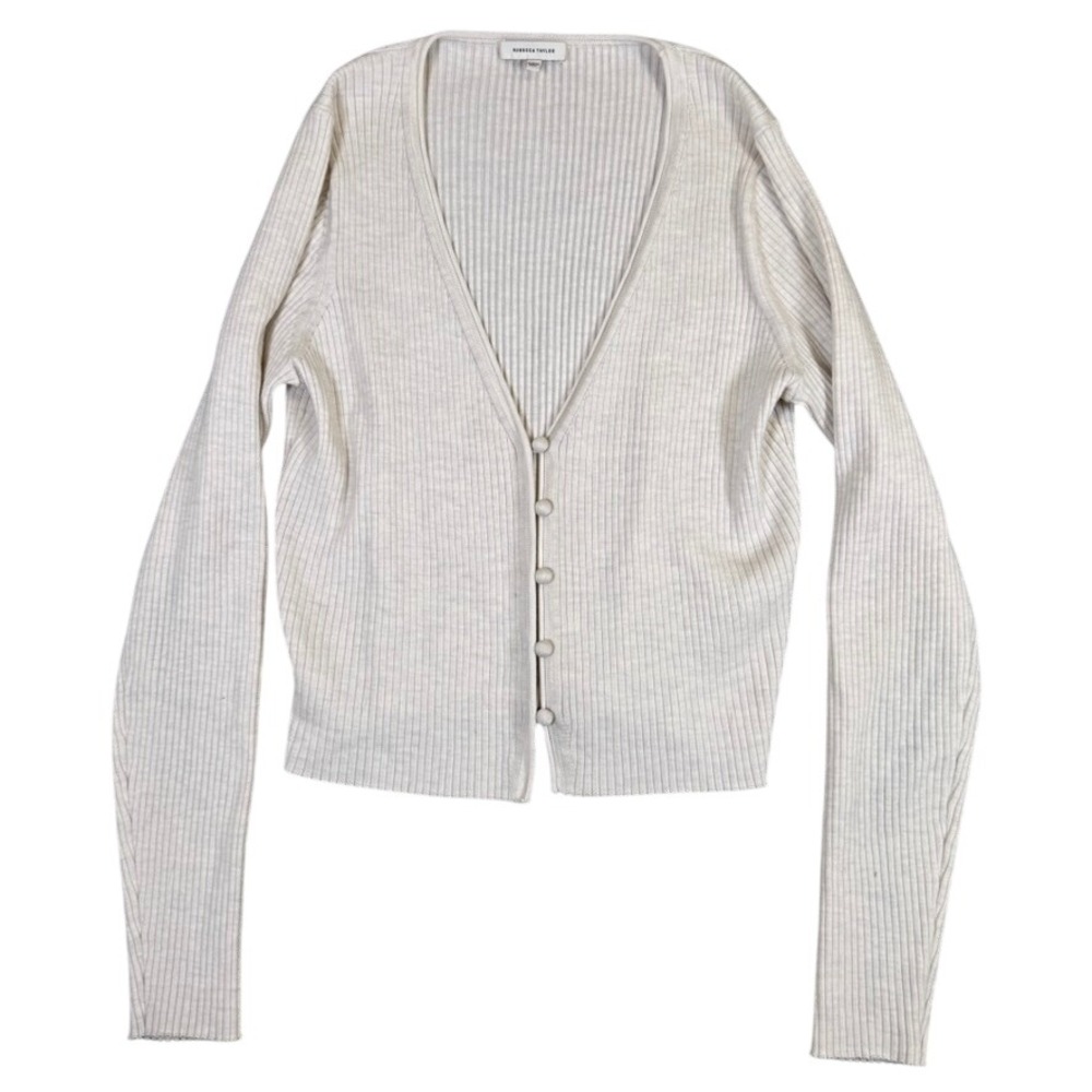 Rebecca Taylor Ribbed V-Neck Cardigan Sweater Cream Button Front XL
